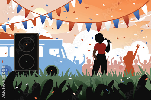 A vibrant, colourful festival scene; a singer passionately performs, microphone in hand, surrounded by enthusiastic crowds.