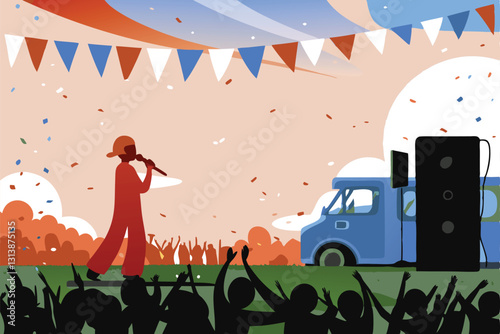 A vibrant outdoor music festival; a passionate singer performs powerfully into a microphone, surrounded by a joyful, diverse crowd.