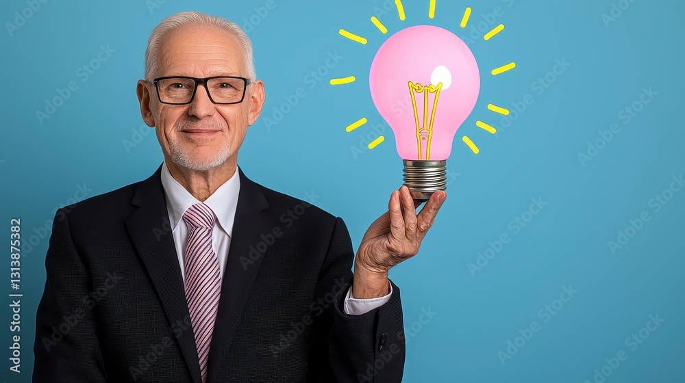Smiling Senior Businessman Holding Pink Lightbulb, Innovative Ideas Concept Smiling Senior Businessman Holding Pink Lightbulb, Innovative Ideas Concept