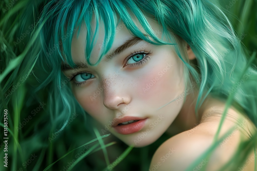 Fototapeta premium Portrait of a young woman with vibrant teal hair, gazing thoughtfully among lush green grass