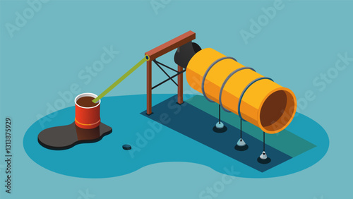 Closeup of a section of containment boom with an oil recovery drum attached collecting and separating the spilled oil from the water.. Vector illustration