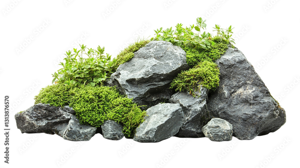 Rocks with overgrown foliage and moss, isolated on white Rocks with overgrown foliage and moss, isolated on white