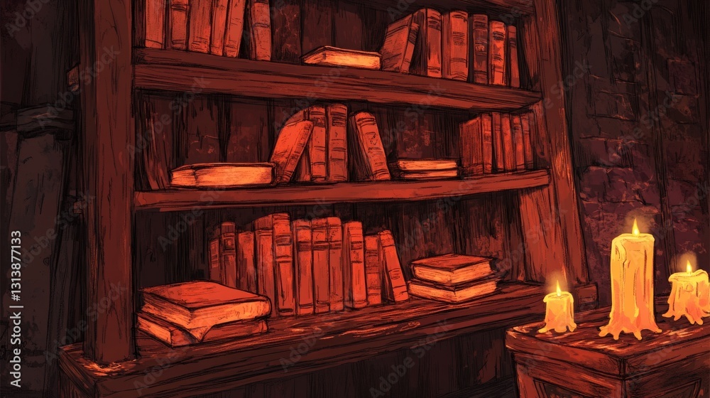 Hand-drawn wooden bookshelf filled with ancient tomes and candles