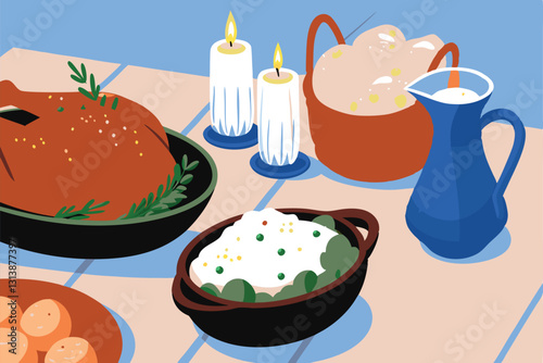 A rustic wooden table overflowing with a lavish feast, centerpiece a beautifully roasted chicken, surrounded by various side dishes.