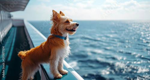 dog admires the seascape from the deck of a cruise ship. The concept of travel and friendly communication in travel photo