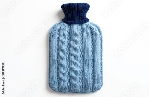 Isolated light blue knitted hot water bottle with blue neck on transparent background. Knitted cover of cozy waterbag protects from hot surface burns, keeps warmth. Winter comfort accessory for