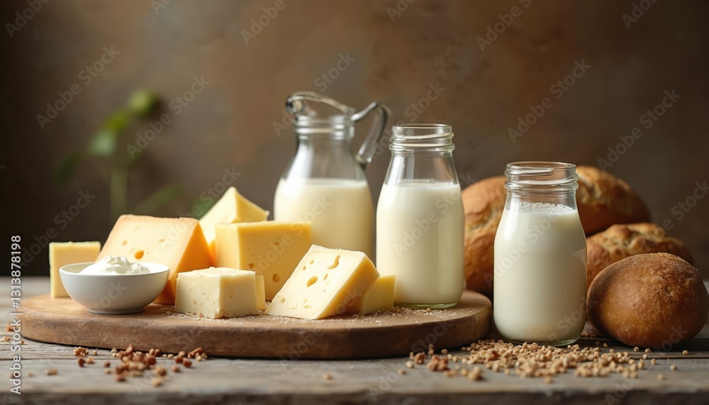 Dairy still life with cheese, milk bottles, bread, sour cream on wooden board. Source of calcium, protein. Nutritious breakfast concept, traditional cuisine. Assortment of organic milk products, Dairy still life with cheese, milk bottles, bread, sour cream on wooden board. Source of calcium, protein. Nutritious breakfast concept, traditional cuisine. Assortment of organic milk products,