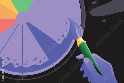A vibrant, abstract depiction of a designer playfully interacting with a spinning color wheel, showcasing dynamic color mixing and creative energy.
