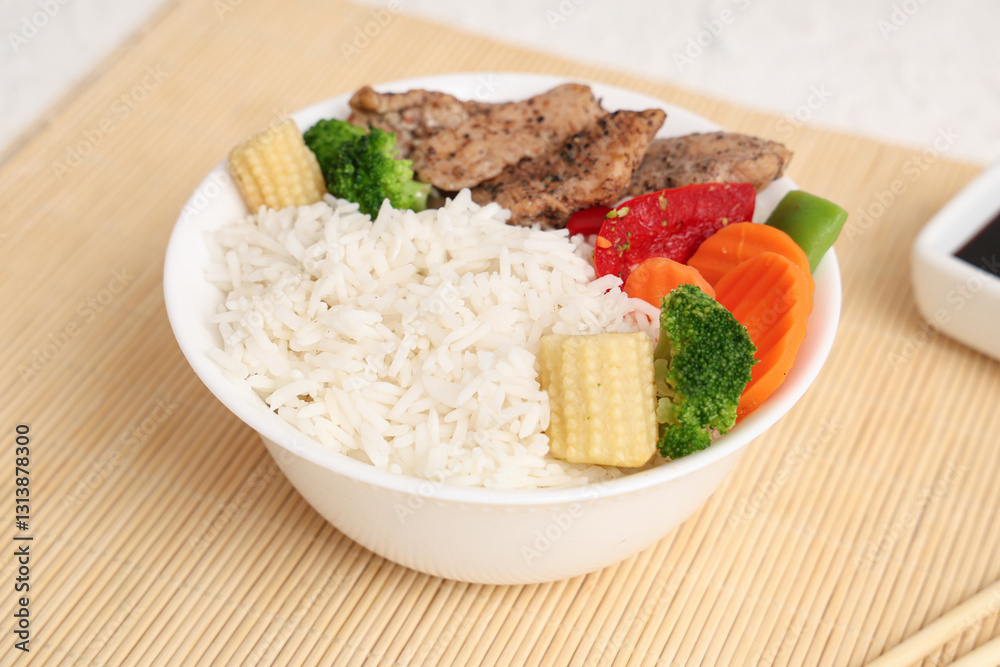 Bowl of tasty rice with chicken and vegetables on table Bowl of tasty rice with chicken and vegetables on table