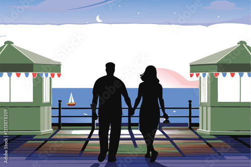 Romantic couple strolling hand-in-hand along a wooden boardwalk at sunset, enjoying a peaceful evening by the ocean.