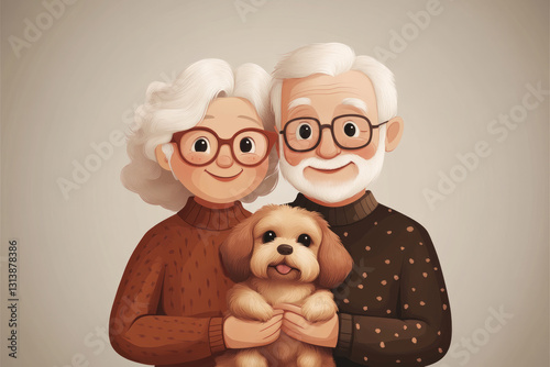 Elderly couple sharing a loving moment while cuddling with their adorable puppy