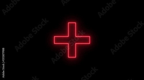 Neon plus sign, symbol on black background .Neon plus sign icon animated.
