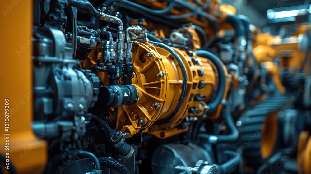 Fototapeta premium Detailed image of a backhoe's engine and hydraulic system, showcasing engineering complexity