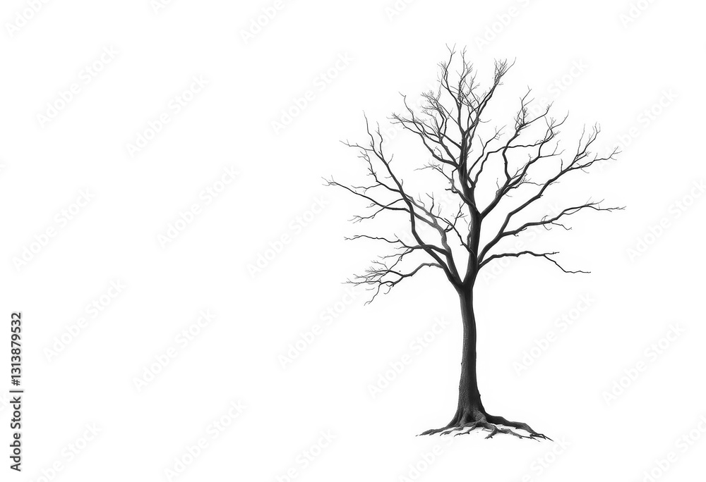 Obraz premium A lone tree stands stark against a pure white backdrop, branches reaching skyward, eco, flora