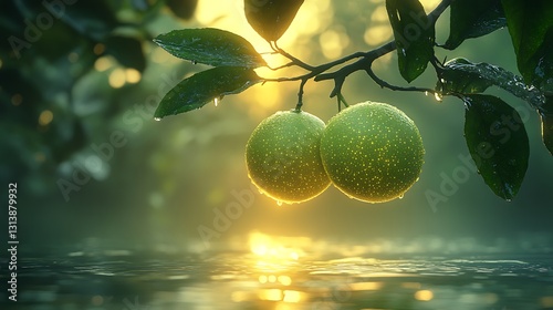 Surreal green lime glowing softly while hanging on a branch in a magical summer landscape