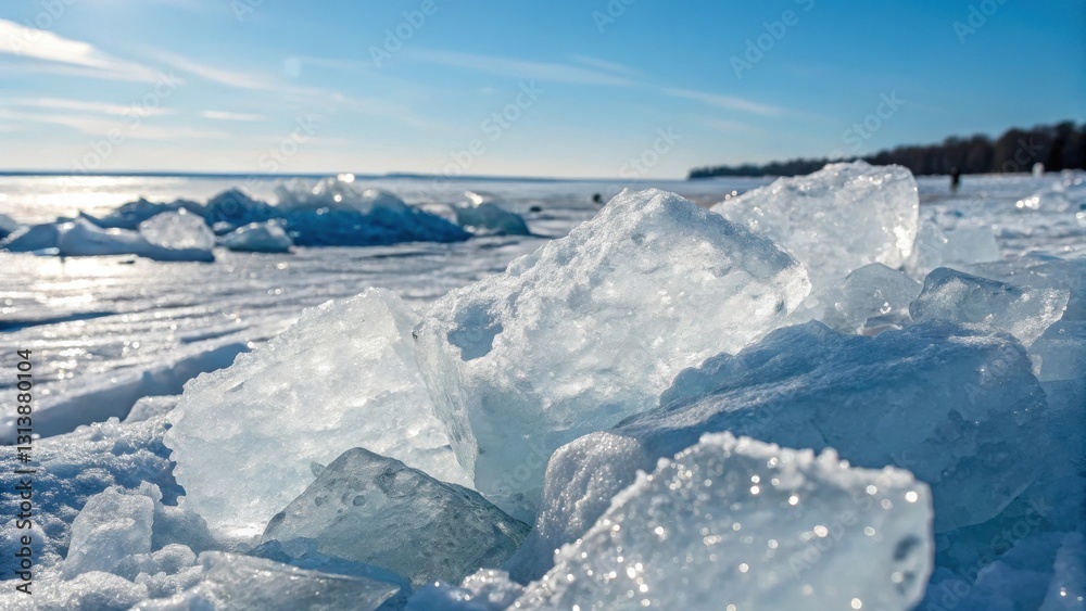 A close-up of ice formations on a frozen lake, with each crystal perfectly formed and glistening in the sunlight. A close-up of ice formations on a frozen lake, with each crystal perfectly formed and glistening in the sunlight.