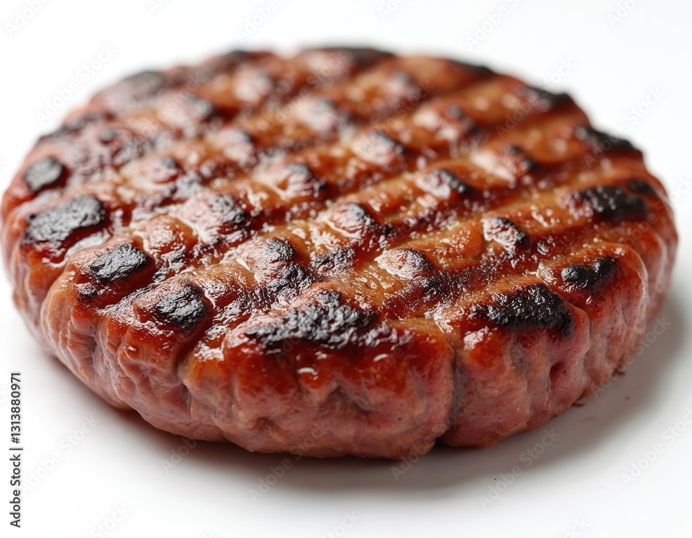 Grilled hamburger meat isolated on white background. Appetizing beef patty with grill marks, perfect for burger. Cooked minced meat, hot, juicy, delicious. Fast food snack, rich source of protein. Grilled hamburger meat isolated on white background. Appetizing beef patty with grill marks, perfect for burger. Cooked minced meat, hot, juicy, delicious. Fast food snack, rich source of protein.