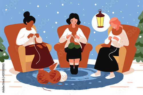 Cozy scene of friends knitting colorful scarves, seated in a circle of comfortable armchairs, enjoying a relaxed crafting session.