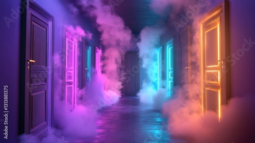 Neon-lit hallway doors  smoky atmosphere  choices  mystery  game background