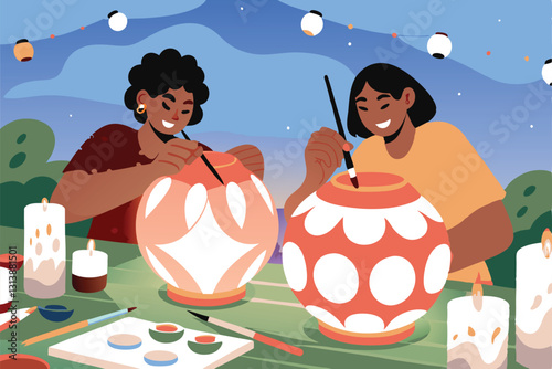 Two friends collaboratively paint vibrant, bold geometric patterns onto blank paper lanterns, showcasing creative teamwork and a fun craft project.
