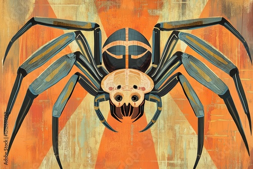 This artistic representation features a colorful spider against a bold background, showcasing intricate details and textures. Perfect for creative projects. photo