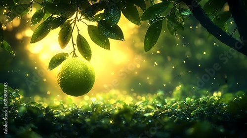 A radiant green lime hanging delicately on a branch with sparkling leaves in a magical nature scene