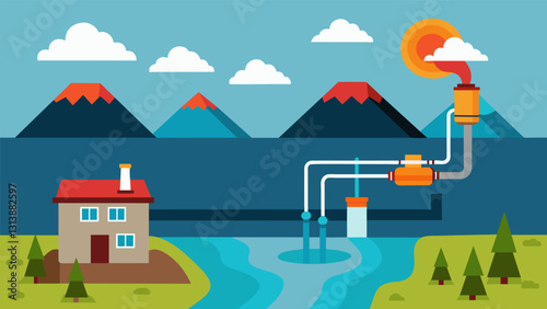 Deep underground specialized pumps extract hot water and steam from geothermal reservoirs which is then converted into usable electricity.. Vector illustration