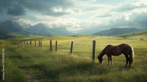 Horse grazing in a fenced pasture  mountains faintly visible in the background
