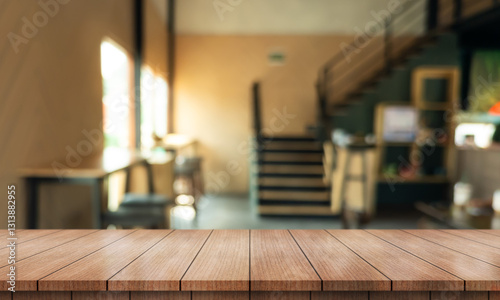 Empty wooden table top with lights bokeh on blur restaurant background.