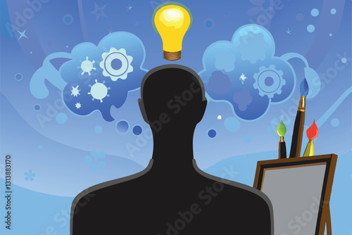 A graphic designer, illuminated by a bright lightbulb, amidst a flurry of creative brainstorming ideas, sketches, and notes.