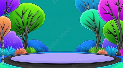 Colorful Trees surround a Platform in a Vibrant Abstract Cartoon Forest Scene Background