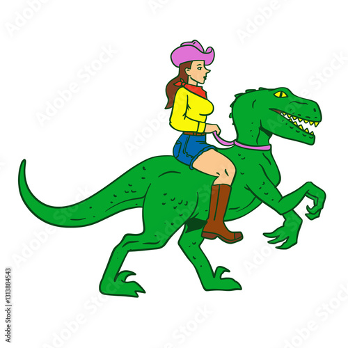 Cowgirl Riding a Velociraptor  - Vector Illustration