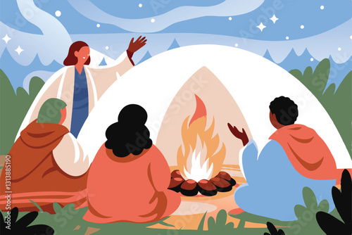 A captivating scene of people gathered around a crackling campfire, listening intently as a storyteller passionately gestures, sharing a tale under the night sky.