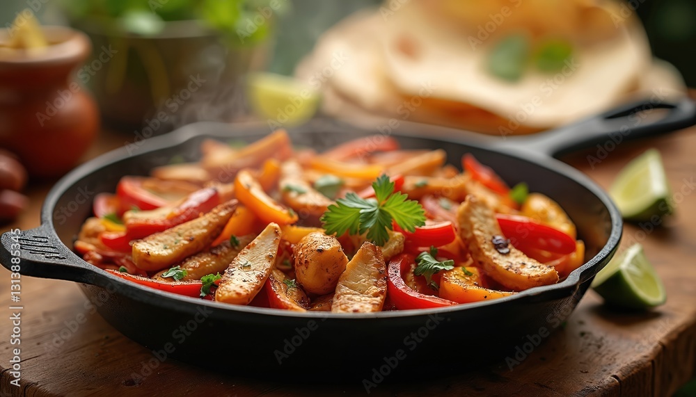 Sizzling fajitas platter with grilled chicken strips and bell peppers. Served with warm tortillas, fresh lime wedges, cilantro garnish on rustic wooden table. Overhead shot with steam rising.