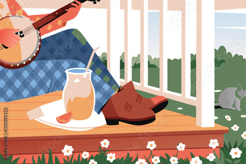 A lively circle of musicians joyfully playing banjos and fiddles, toes tapping, immersed in a traditional folk music jam session.