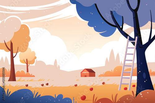 Lush orchard scene; rows of heavily laden apple trees stretching towards a distant horizon under a bright sky.