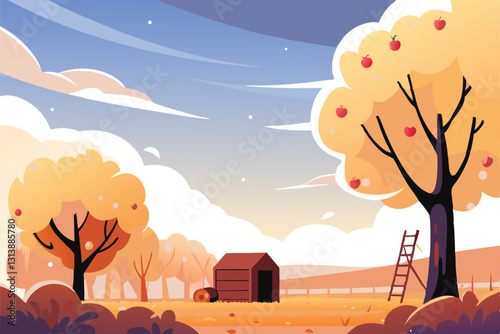 Lush rows of heavily laden apple trees stretching towards a distant, sun-drenched horizon.