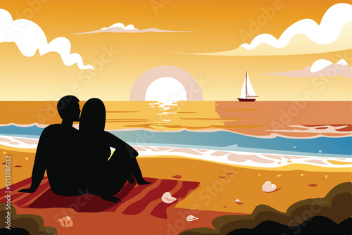Serene sunset beach scene; golden hour light illuminating calm ocean waves, soft sand, and distant silhouettes. Farewell feeling.
