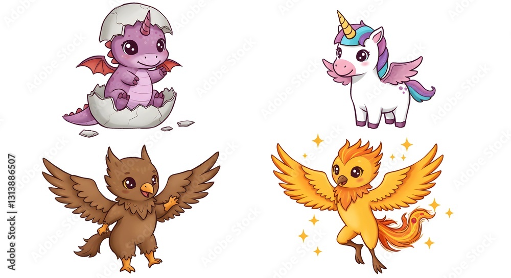 Fototapeta premium Cartoon Mythical Creature Set Dragon Unicorn Griffin and Phoenix Illustration