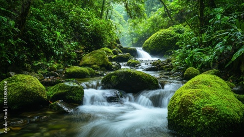 A peaceful flowing river passes through vibrant green rainforest surroundings