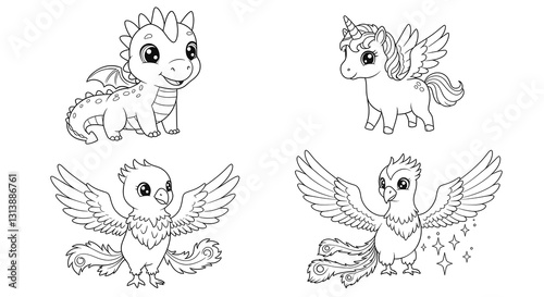 Cartoon Dragon, Unicorn, Phoenix Cute Outlines Fantasy Characters Collection