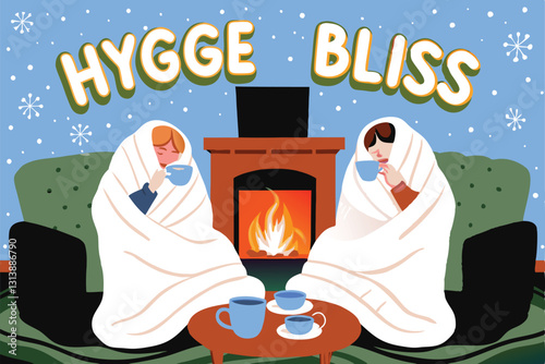 Two individuals snuggled under a large, thick, cream-colored knit blanket, enjoying cozy intimacy on a plush, patterned sofa.