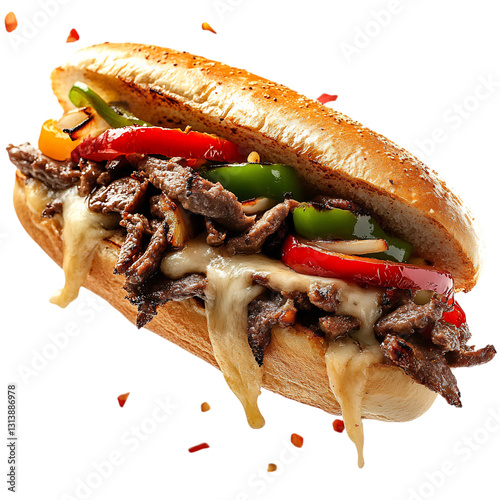 A Savory Cheesesteak Sandwich with Grilled Onions and Peppers Isolated on Transparent Background