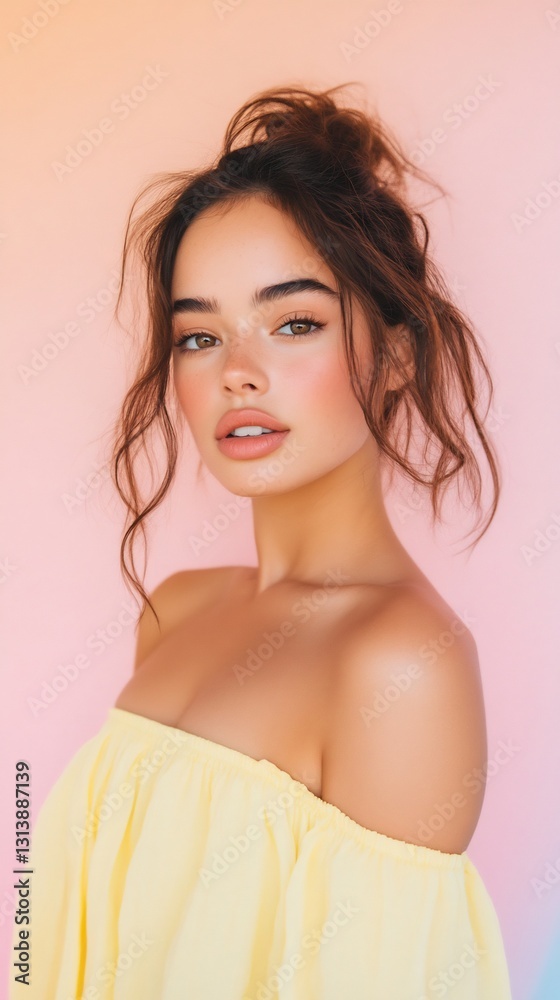 Young woman auburn hair pastel yellow dress stunning look Young woman auburn hair pastel yellow dress stunning look