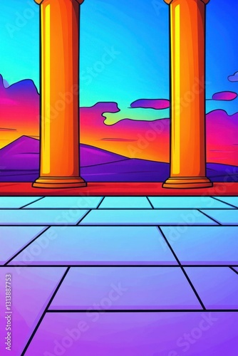 Columns stand atop tiled floor  mountain sunset background  colorful sky