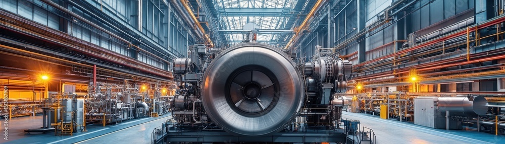Close-up of heat exchanger and turbine components inside a modern industrial facility. Close-up of heat exchanger and turbine components inside a modern industrial facility.