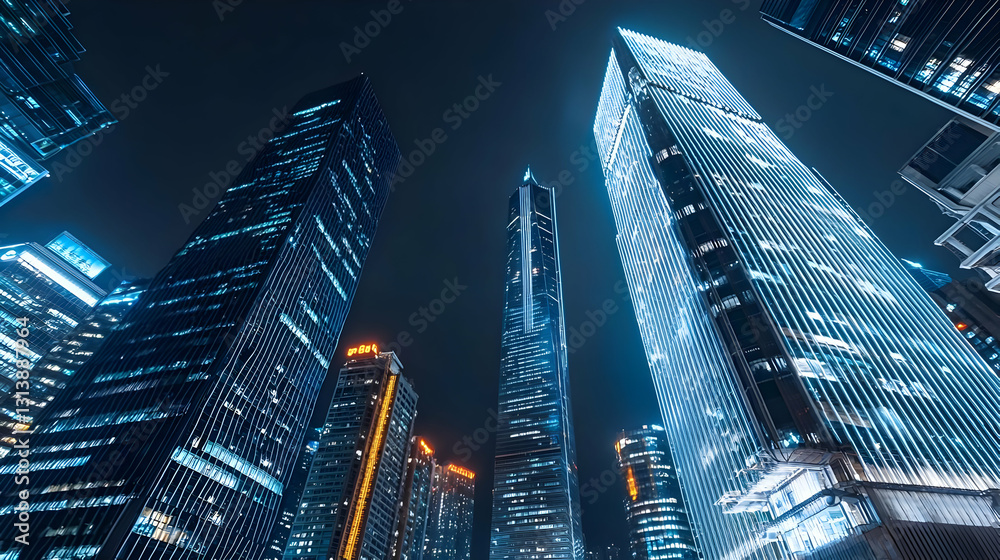 Low Angle View Of Illuminated Skyscrapers At Night Low Angle View Of Illuminated Skyscrapers At Night