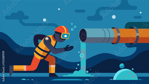 In the midst of the underwater inspection a diver finds a small crack in the pipeline and quickly takes action to prevent any further damage.. Vector illustration
