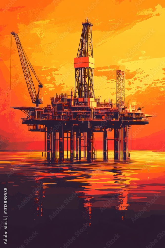 Obraz premium Offshore oil rig at sunset, ocean reflection, energy industry