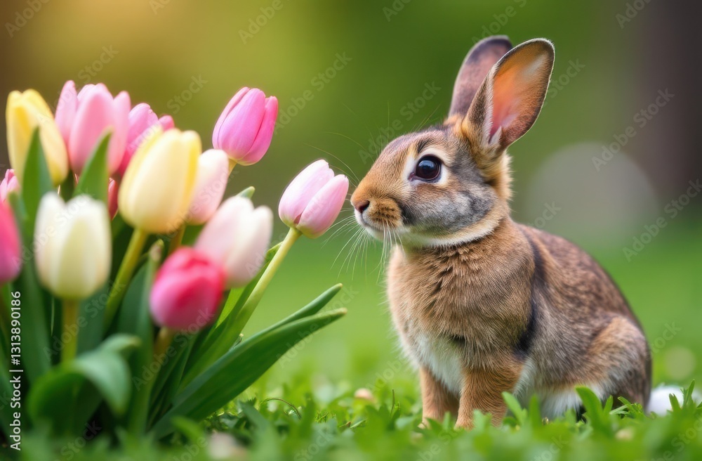Fototapeta premium Brown bunny sniffing pastel-colored spring flower in garden